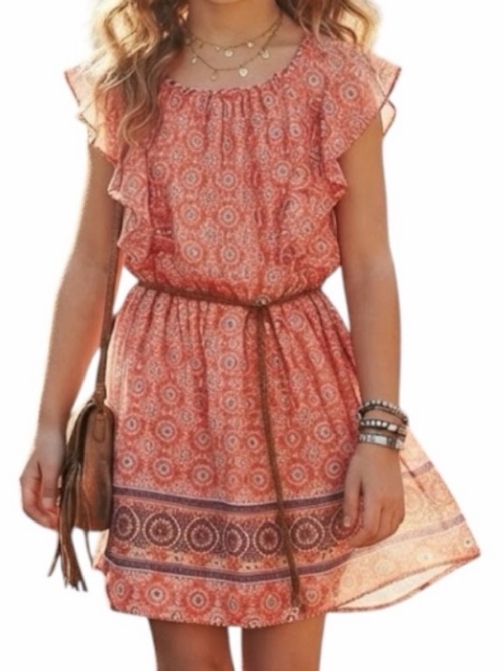 DEX Coral Geo Print Flutter Angel Sleeve Caged Back Boho Dress Girls Size 6 6Y